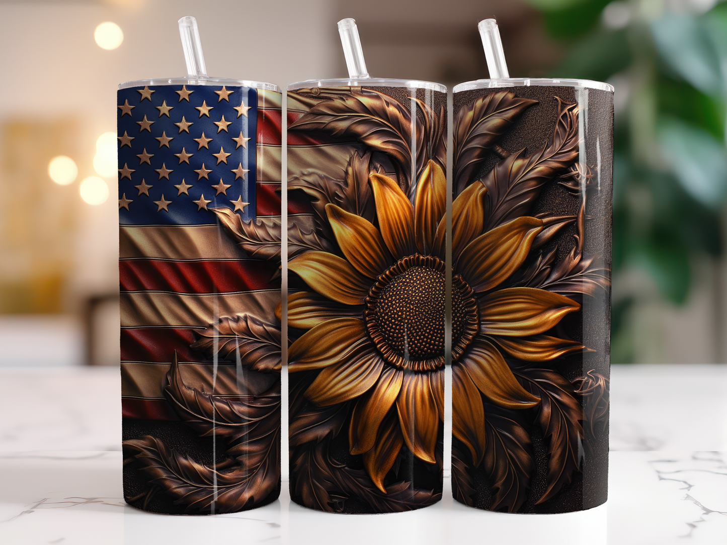 Sunflower with American Flag - 20oz Water Bottle/Tumbler Duo